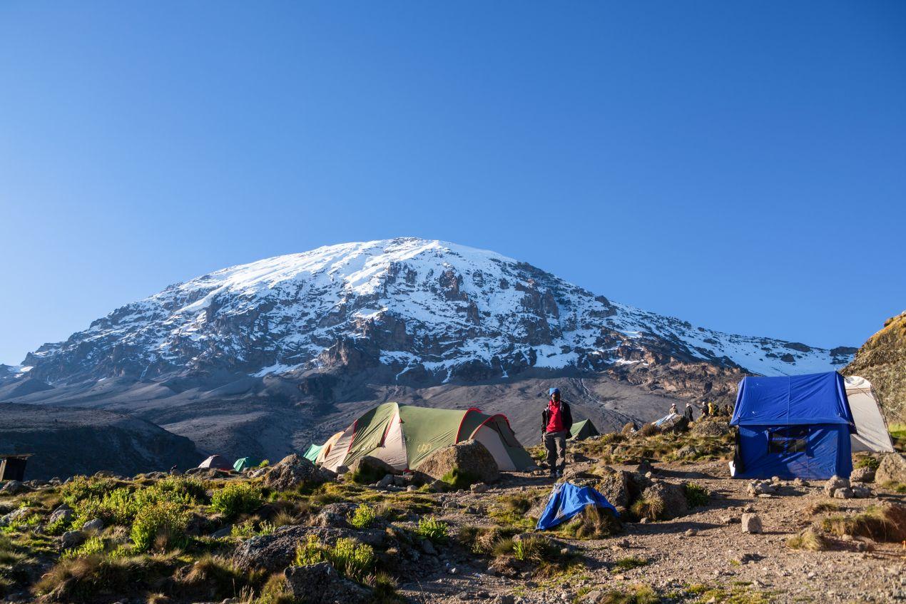 Zelte im Basislager des Kilimanjaro vor schneebedecktem Gipfel. Kilimanjaro Besteigung Kosten und Details zur Übernachtung in Camps.