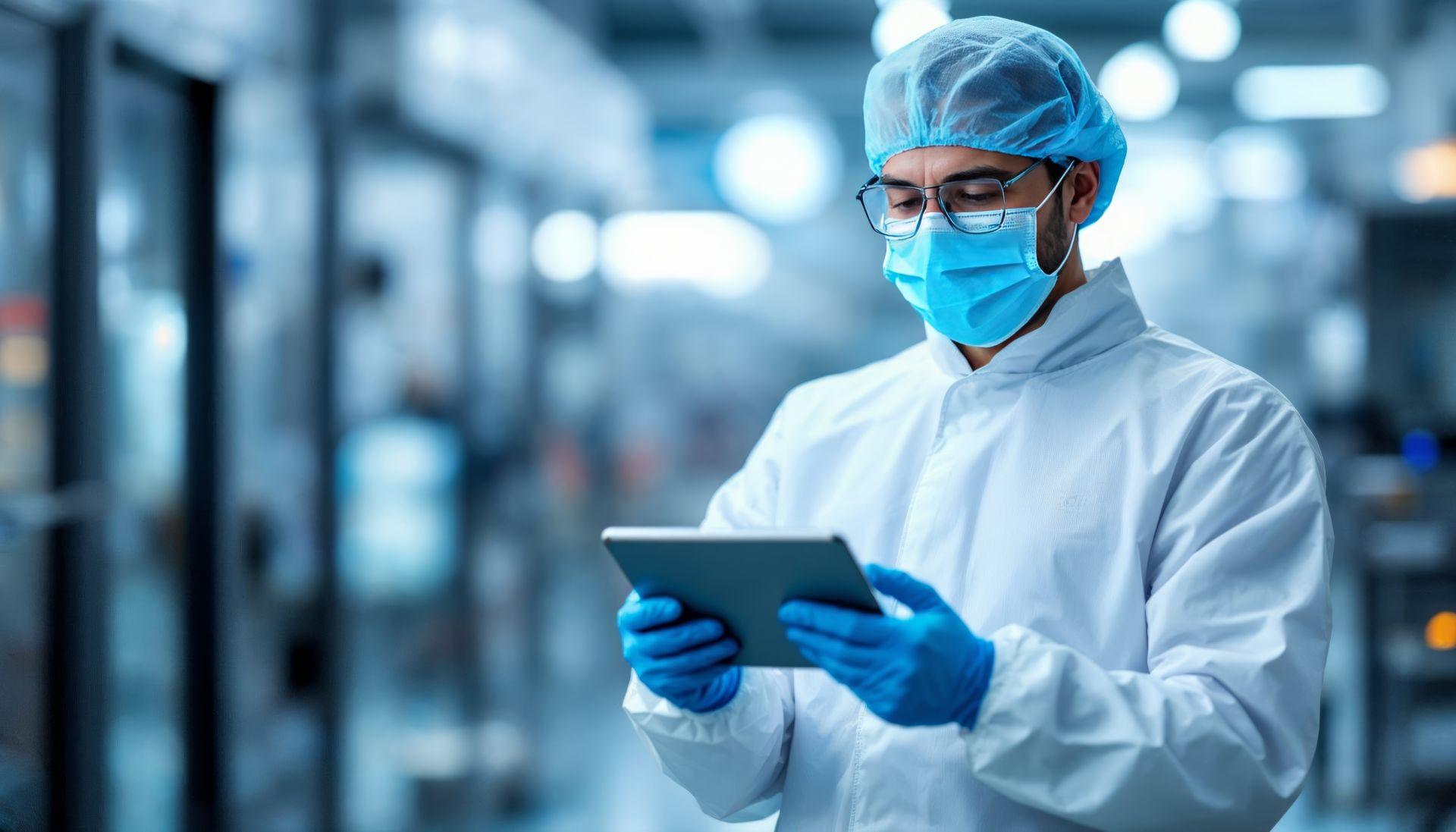 Werksmitarbeiter in Schutzkleidung und Maske kontrolliert Produktionsdaten auf Tablet fuer Produktsicherheitspruefung