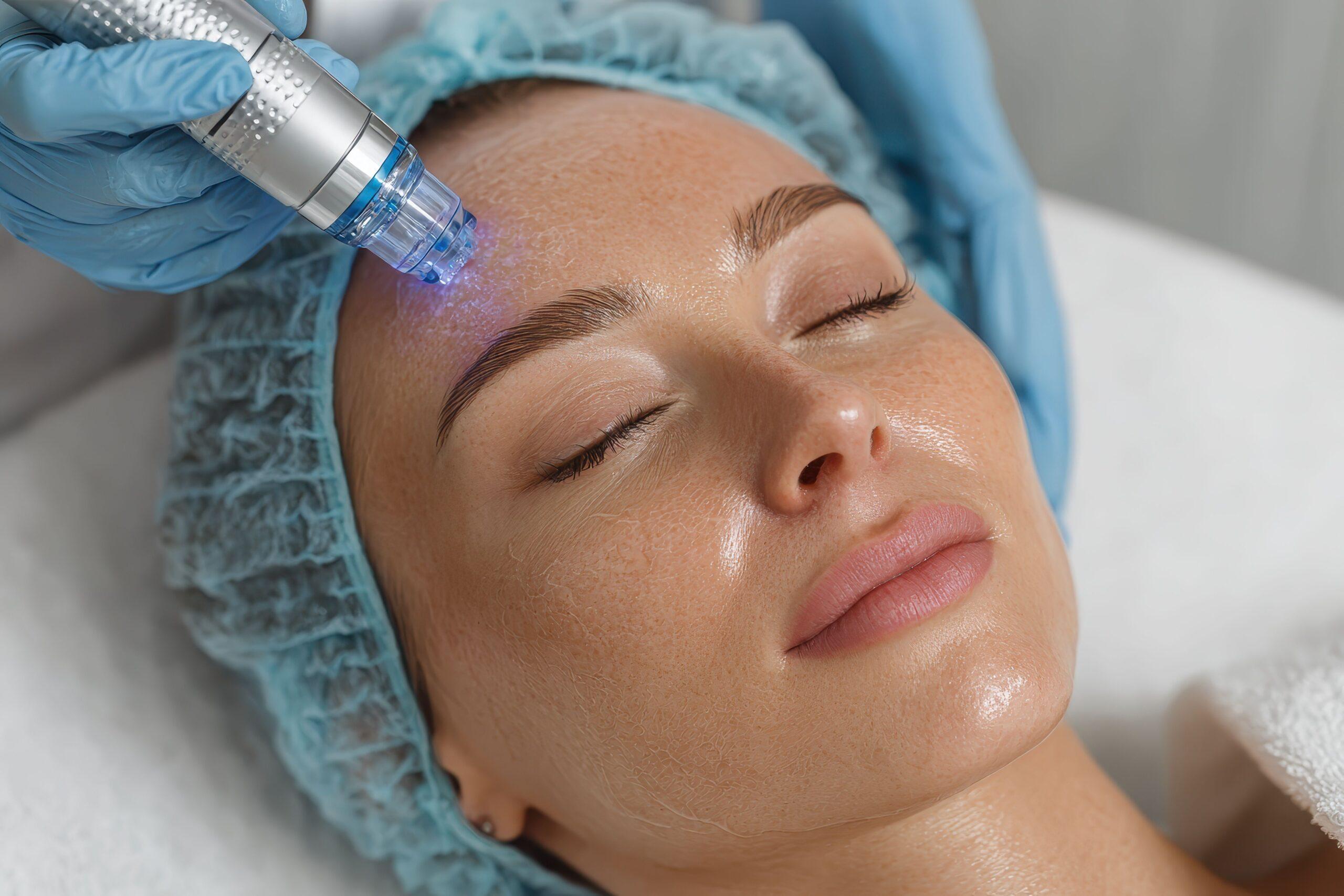 Nahaufnahme einer Frau, die eine Hydrafacial-Behandlung auf ihrer Stirn erhält. Es zeigt Schönheitsbehandlungen im Spa für Hautpflege und Anti-Aging.