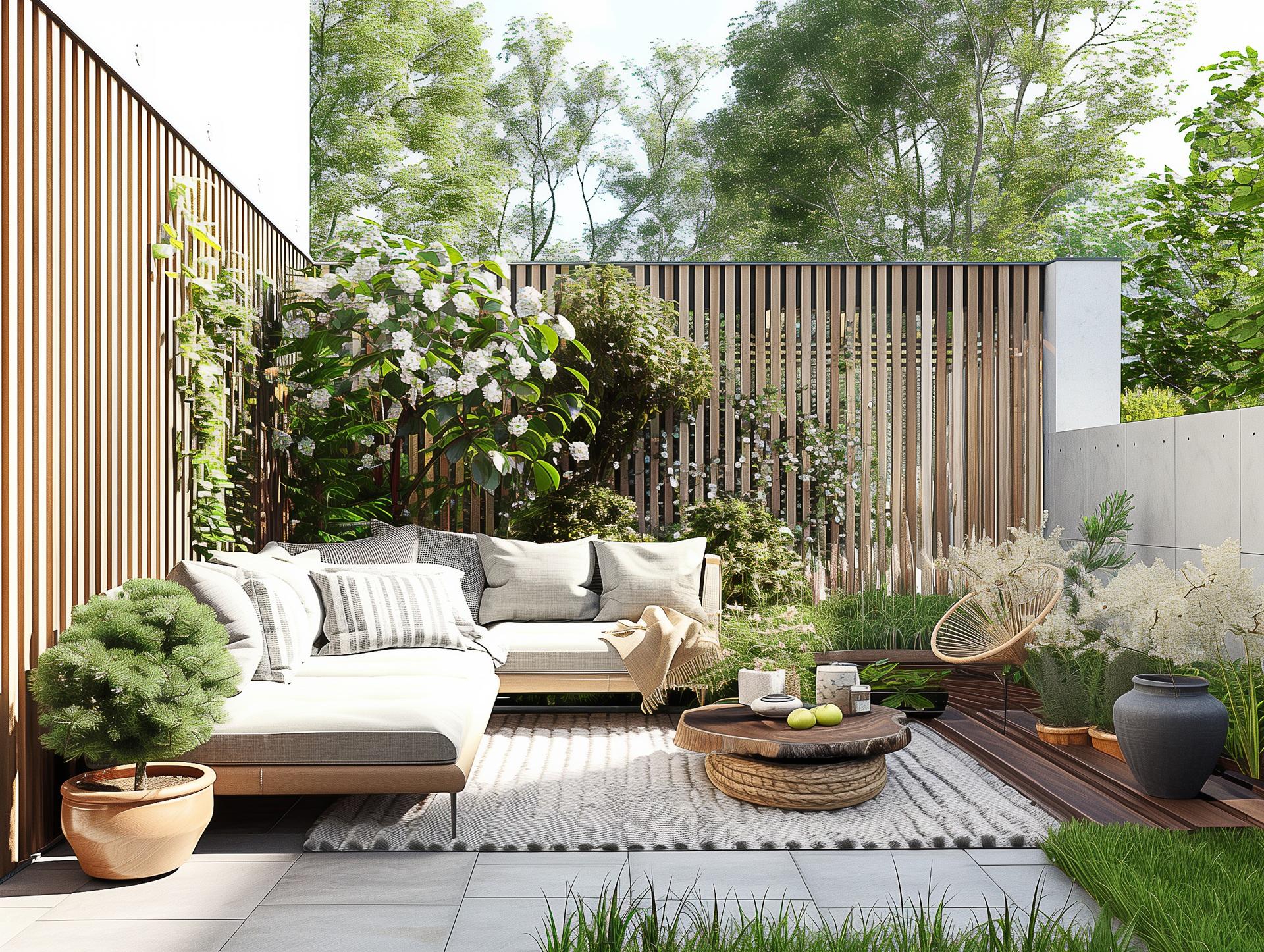 Begrünte Terrasse mit Holzlamellenwand und Lounge-Möbeln | Sonnenschutz Markisen