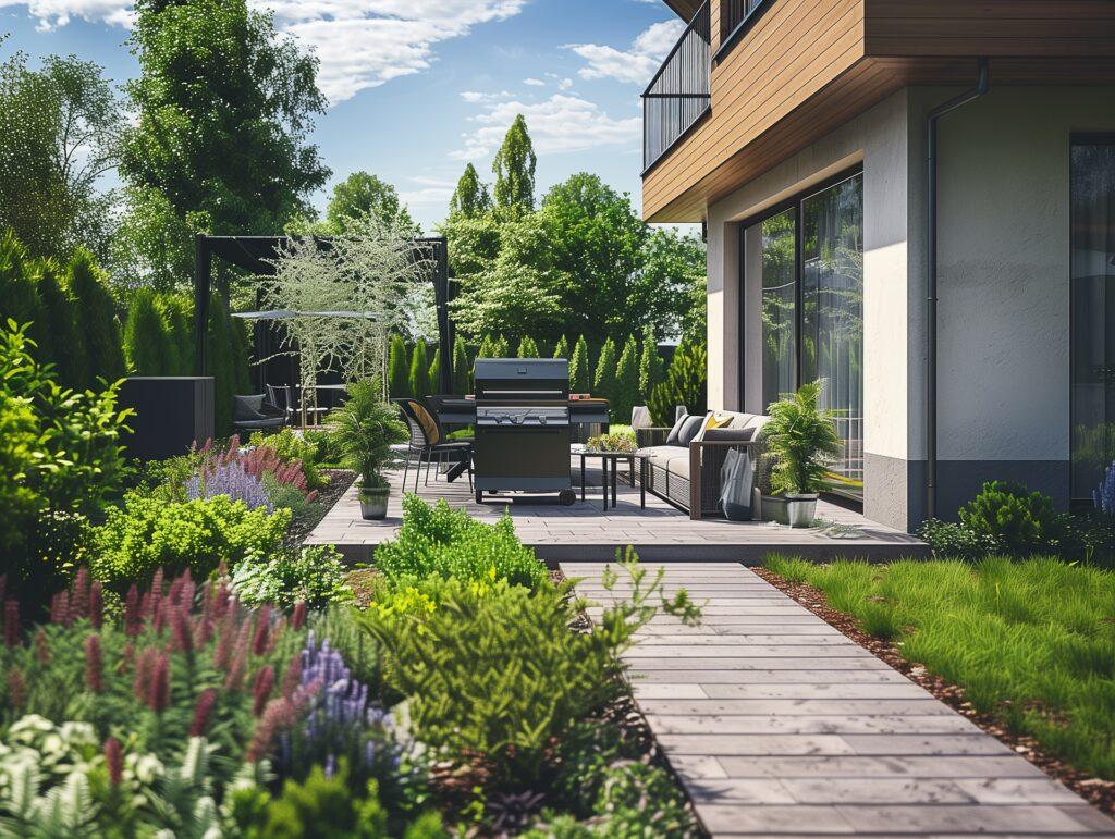 Moderne Terrasse mit Gartenpflanzen und gemütlichem Sitzbereich | Sonnenschutz Markisen