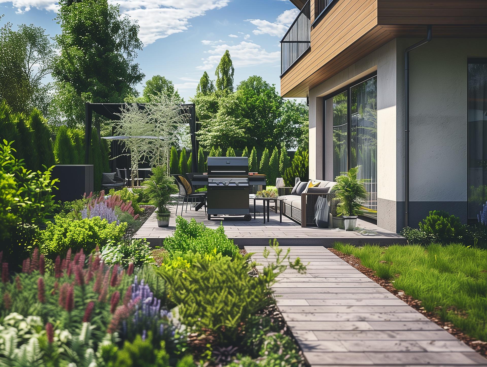 Moderne Terrasse mit Gartenpflanzen und gemütlichem Sitzbereich | Sonnenschutz Markisen